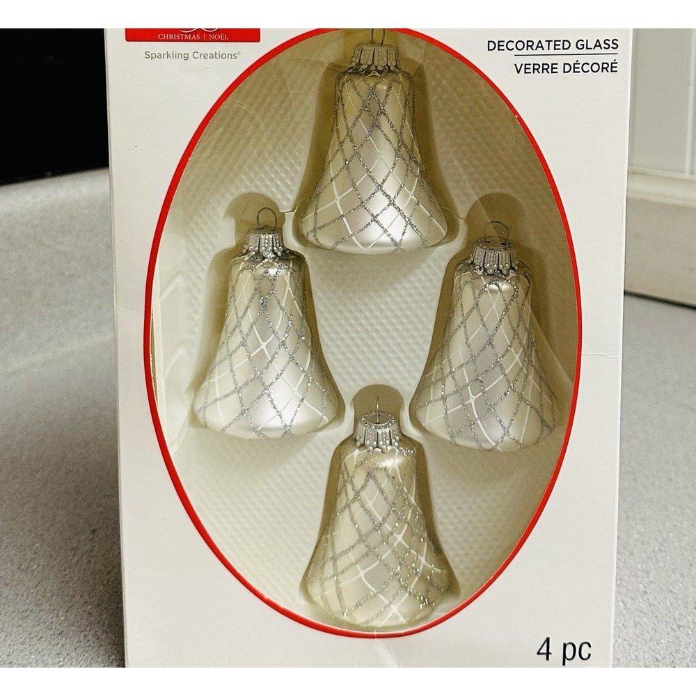 Celebrate It Christmas Noel Silver Metallic Bells Glass Ornaments Set 4 USA Made